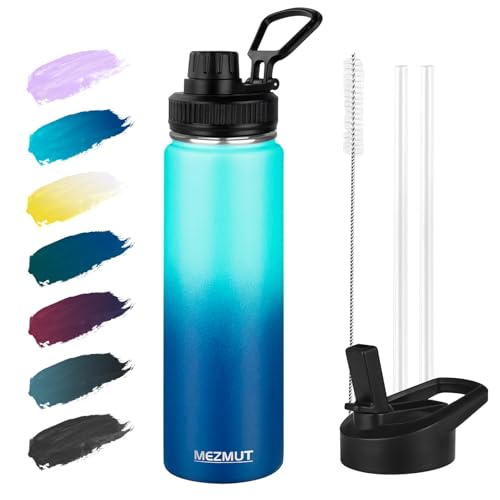 24oz Stainless Steel Metal Sports Insulated Water Bottle (Gradient/Blue） | Leak-Proof Reusable Travel Cup for Man, Double Wall Vacuum Cold Water Bottle with Straw and 2 Lids for Hiking, Camping, Gym - color: Gradient Blue, size: 24 Ounces