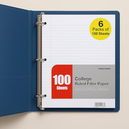 Mintra Office Filler Paper (College Ruled, 600 Sheets (6pks of 100)) - for 3-Ring Binder, Notepaper, Loose leaf filler paper, punched, bulk pack - color: College Ruled, size: 600 Sheets (6pks of 100)
