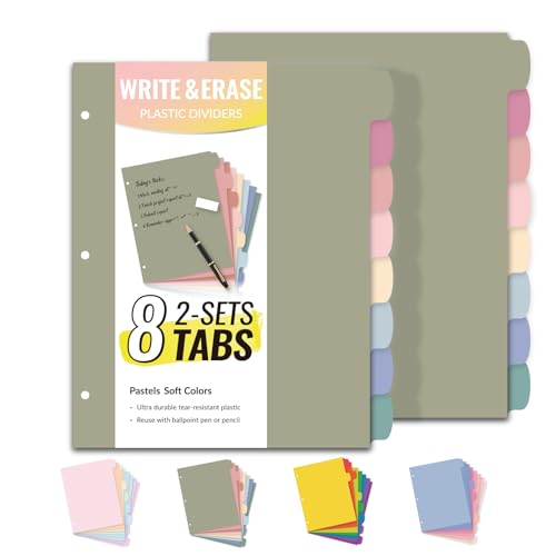 Sooez 8 Tabs Long-Lasting Plastic Write & Erase Large Tabs Dividers for 3 Ring Binder, Aesthetic Cute Pastels Binder Dividers for Student, Teacher, Office, Home Organizers, 2 Sets, Dusty Color - color: Dusty Color, size: 2 Sets