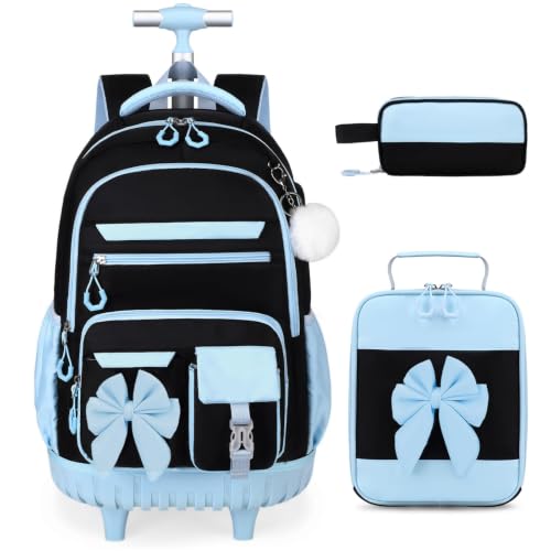 DIGOBAY Rolling Backpack for Girls, Cute Roller School Bag with Wheels, Kids Wheeled Backpacks Set with Lunch Bag Pencil Case for Teen Girls Kindergarten Elementary Middle School - color: Black-blue