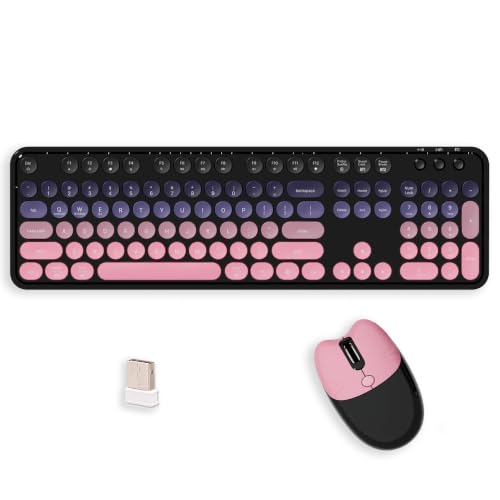 2.4G Full Size Wireless Keyboard and Mouse Combo, Bluetooth/2.4G Dual Mode, Typewriter Style Round Keycap, Cute Gradient Colors, Compatible with PC/Notebook/Tablet/Smartphone (Black Pink) - color: Black Pink