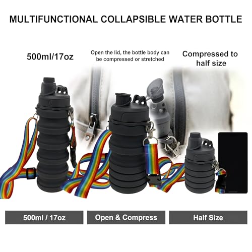 Collapsible Water Bottles Silicone Foldable Reusable Leakproof Travel Water Bottle 17.6oz With Mountaineering Buckle And Adjusting Rope For Sports Camping Hiking Cycling Yoga（Dark Grey And Purple） - color: Dark Gray + Purple