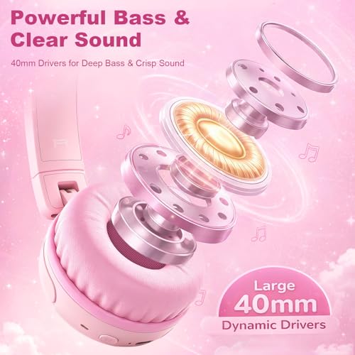 B2 Kids Bluetooth Headphones,85/94dB Safe Volume Limited, Lightweight,Adjustable Toddler Headphones for Ages 2-12,80H Playtime, Bluetooth 5.4, for iPad/Tablet/Travel/School (Pink) - color: Pink