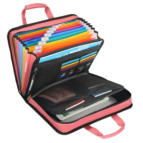 SEEKIND PU Leather Accordion File Organizer with Handle & Strap，12 Pockets Expanding File Folder with Zipper & Labels，Portable Document Organizer File for Letter A4 Files - size: PU Leather-Pink-12 Pockets with Strap