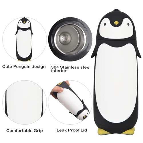 Penguin Insulated Water Bottle - Stainless Steel Vacuum Double Walled Bottle Flask Travel Mug for Kids, Students, 9.6oz, Black - color: Black