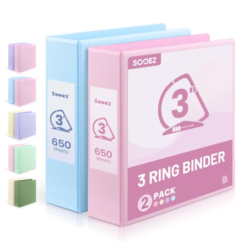Sooez BinderX 3 Inch 3 Ring Binder, D-Ring Large Binders, Holds 650 Sheets of 8.5x11 Paper, PVC-Free, Customizable View Cover with 2 Inside Pockets, School & Office Supplies, Assorted Pastels, 2-Pack - color: Pink&blue, size: 3-Inch D Ring