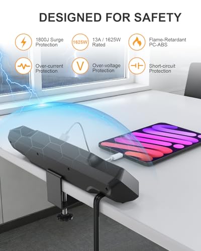 Desk Clamp Power Strip Surge Protector, 6 Outlets, Flat Plug, 1800J, 4 USB-C Ports (Any Port 35W), for Home & Office, Flame-Retardant PC-ABS Housing, Fits 1.96" Desk Edge, Black
