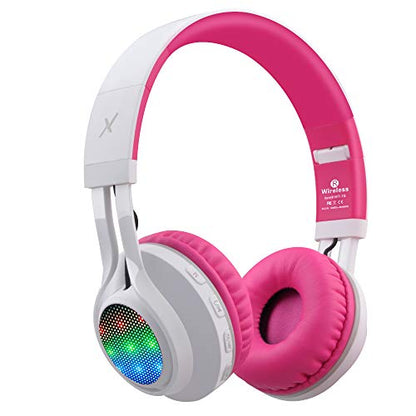 Riwbox WT-7S Bluetooth Headphones Light Up, Foldable Stero Wireless Headset with Microphone and Volume Control for PC/Tablet/TV/Travel (Pink) - color: Pink