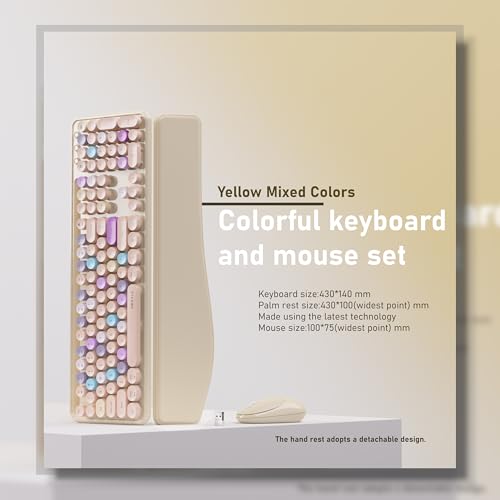 UBOTIE Ergonomic Wireless Keyboard and Mouse Combo with Phone Holder Wrist Rest, Round Colorful Keys, Power Switches, 2.4GHz USB Receiver, Full - color: Khaki