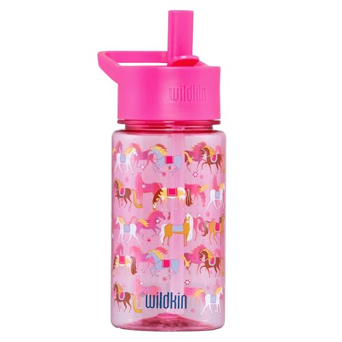 Wildkin 16 oz Kids Tritan Water Bottle with Leakproof Straw Lid, Horses | Lightweight Tritan, dishwasher safe, straw lid helps prevent leaks when closed, easy for little hands, ages 3+ - color: Horses, size: 16 Ounces