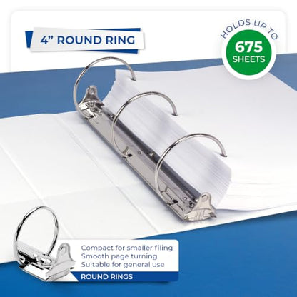 Samsill 4 Inch 3 Ring Binders, Economy Round Ring, Clear View Cover, 675 Sheet Capacity - for School, Home, Office - White, 4 Pack - color: White, size: 4-Pack, style: 4-Inch