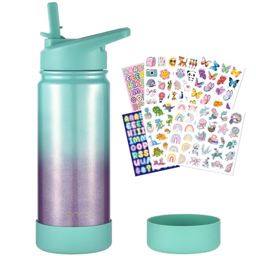 Mininoo Girls Water Bottle for School, 16oz Stainless Steel Insulated Metal Water Bottle with Straw Lid for Boys (Aurora) - color: 16oz Aurora, size: 16 Ounces