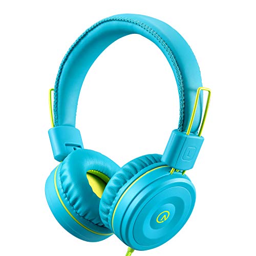 noot products K22 Kids Headphones Wired 3.5mm Jack, Foldable, Teal/Lime | Stereo Tangle-Free 5ft Long cord, Plug-in, On-Ear Headset for Children, Boys, Girls, iPad, School, Kindle, Travel, Plane - color: Teal Lime