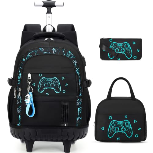 ACESAK Rolling Backpack for Boys, Kids Backpack with Wheels Portable with Insulated Lunch Box & Pencil Case, Multi-Pocket Roller Backpack for Preschool Kindergarten Kids Boys Travel(Black Game) - color: Black Game