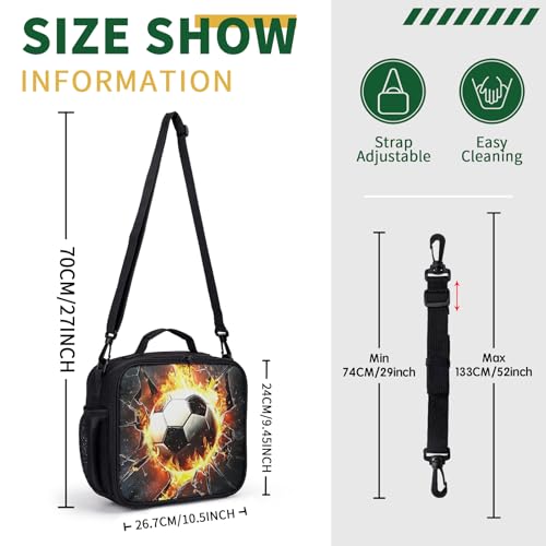 Soccer Lunch Box Fire Football Out of Wall Kids Lunch Bag With Shoulder Strap for Boys Girls Durable Insulated Lunch Cooler Bag Thermal Meal Tote for School Picnic Black - color: A-Soccer Fire