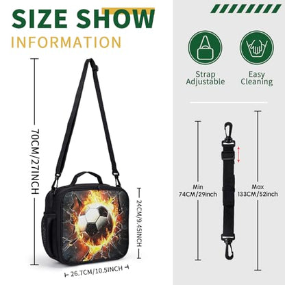 Soccer Lunch Box Fire Football Out of Wall Kids Lunch Bag With Shoulder Strap for Boys Girls Durable Insulated Lunch Cooler Bag Thermal Meal Tote for School Picnic Black - color: A-Soccer Fire