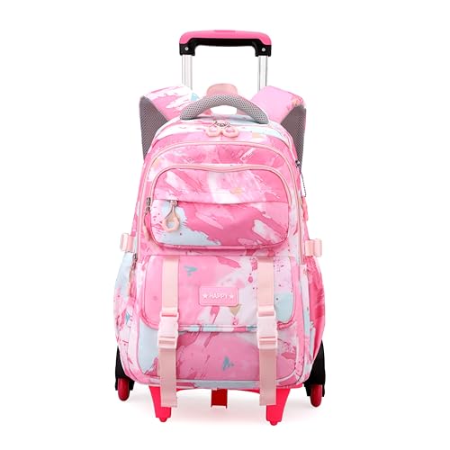 Kids Rolling Backpack for Girls School Backpack with Wheels for Girls Wheeled Bookbags Roller Trolley Bags for Primary Students, 6-Wheel Pink - color: 6 Wheels Pink