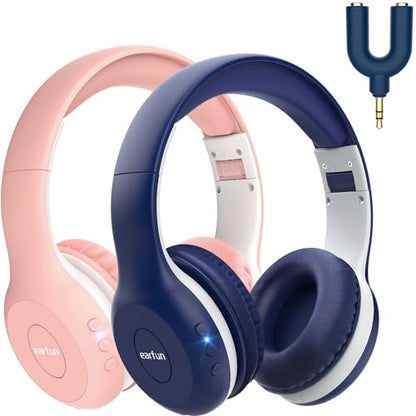 EarFun 2Packs Kids Bluetooth Headphones, K2 Kid Headphone with Volume Limited, 40H Playtime, Built-in Mic, Stereo Sound, Foldable Over-Ear Headphones for Kids/School/Travel - color: Pink&Blue