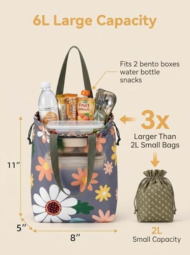 Double-Handle Lunch Bag, Insulated Waterproof Reusable Tote for Women/Students, Fits 2 Bento Boxes + Water Bottle - Ideal for School/Office/Picnic (Sunflower) - color: Sunflower