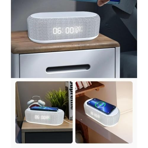 15W Desktop Multifunction Charging Station Wireless Phone Charger with LED Night Lamp Digital Time Clock and Room Temperature Thermometer for Android and iPhone Smart Devices (White)