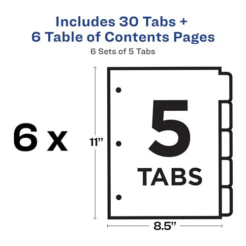Avery Dividers for 3 Ring Binders, 5 Tabs per Set, Customizable Table of Contents, Classic White Tabs, Great for Organizing Reports, Projects, and More (6 Sets of 11821) - size: 0