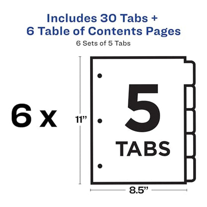 Avery Dividers for 3 Ring Binders, 5 Tabs per Set, Customizable Table of Contents, Classic White Tabs, Great for Organizing Reports, Projects, and More (6 Sets of 11821) - size: 0