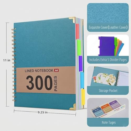 Hardcover Leather Spiral Notebook 8.5" x 11" with Removable Dividers, 300 Pages 5 Subject College Ruled Notebook for Work with Tabs, A4 Spiral Journal for Women Men, School Students Note Taking, Teal - color: 5 Subject Teal