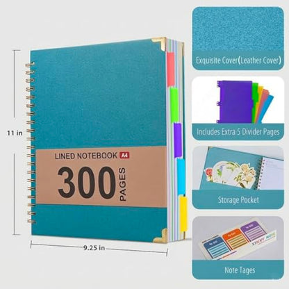 Hardcover Leather Spiral Notebook 8.5" x 11" with Removable Dividers, 300 Pages 5 Subject College Ruled Notebook for Work with Tabs, A4 Spiral Journal for Women Men, School Students Note Taking, Teal - color: 5 Subject Teal