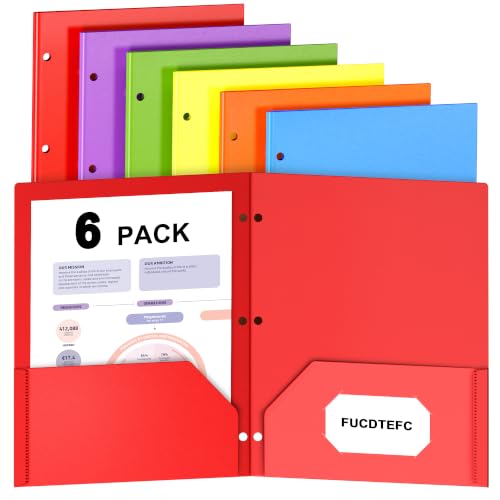 6 Pack Folders with Pockets, Plastic 3 Hole Punched Binder Folders with Business Card Holder, Colored Decorative File Folders for Documents, Filing Cabinet, School, Office, Business - size: 6 Pack