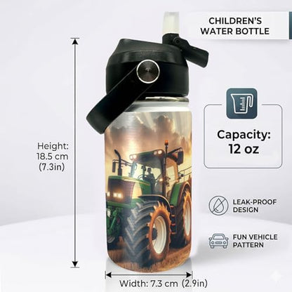 Tractor Kids Water Bottle 12oz Stainless Steel Insulated Bottle Vacuum Leak Proof Straw Lid with Double Wall BPA Free School (Color2) - color: Color2