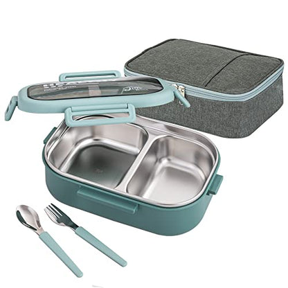 Lille Home 28oz Stainless Steel Leakproof 2-Compartment Bento Lunch Box/Portion Control Food Container with Lunch Bag and Cutlery Set, BPA Free - color: Green
