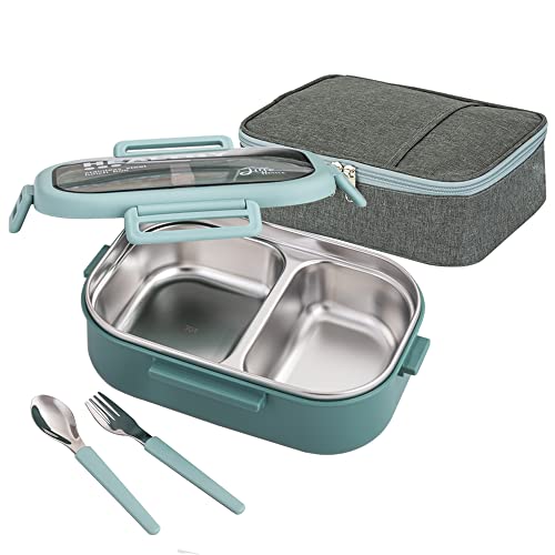Lille Home 28oz Stainless Steel Leakproof 2-Compartment Bento Lunch Box/Portion Control Food Container with Lunch Bag and Cutlery Set, BPA Free - color: Green