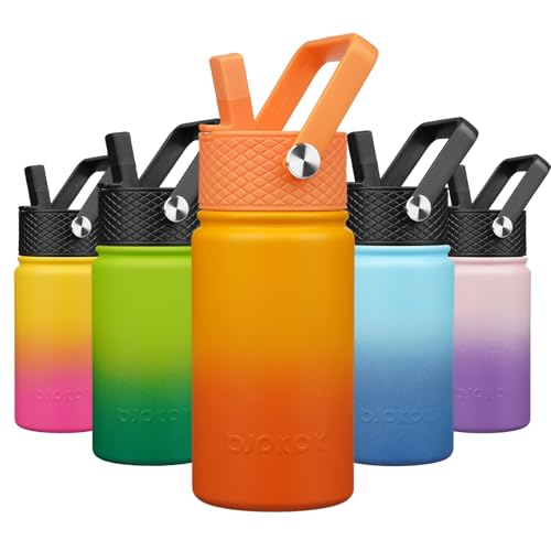 BJPKPK Insulated Water Bottle, 15oz Stainless Steel with Straw Lid | Leak Proof, BPA-Free, Vacuum Insulated, Keep Drink Cold & Hot, Metal Water Bottle for Travel, Gym, Office, Cupholder Friendly - color: Sunset Orange, style: N-15oz-Color Lid