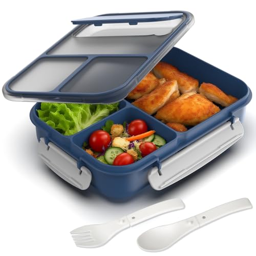 WHALEHOUSE Large Capacity Bento Box for Adult, 1700ML 3 Compartments Lunch Box with Utensil, Airtight Food Container with Lids for Meal Prep, Microwave/Dishwasher/Freezer Safe, On the Go (Dark Blue) - color: 1700mL-Dark Blue