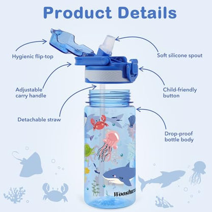 Kids Water Bottle for School, 16 Oz Plastic Straw Water Bottle with Silicone Spout and Leakproof Cover, Dishwasher Safe (Marine Animals) - color: Marine Animals, size: 16 Ounces