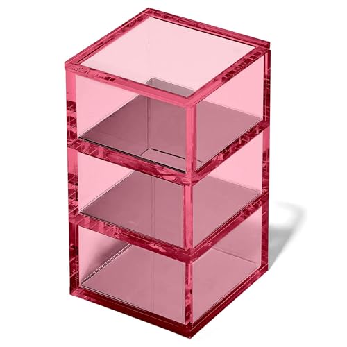 OfficeGoods 3-Tier Stackable Acrylic Holder- Stylish Desk Organizer and Storage for Office or Home – Transparent Square Design, Pink with Silver Metal Base - color: Pink with Silver, size: Square