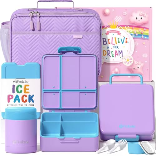 Fimibuke Kids Bento Snack Lunch Box with Thermo Insulated Toddler Lunch Bag | Lunch Box Kids with 4 Compartment, Food Jar, Ice Pack, Utensils, Birthday Gifts for Ages 3-12 Back to School Toddler Girl Boy - color: B2.Purple & Blue