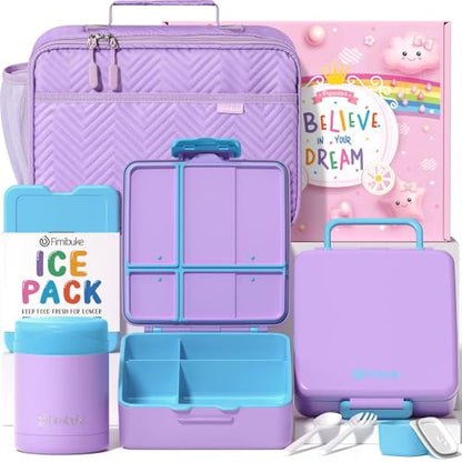 Fimibuke Kids Bento Snack Lunch Box with Thermo Insulated Toddler Lunch Bag | Lunch Box Kids with 4 Compartment, Food Jar, Ice Pack, Utensils, Birthday Gifts for Ages 3-12 Back to School Toddler Girl Boy - color: B2.Purple & Blue