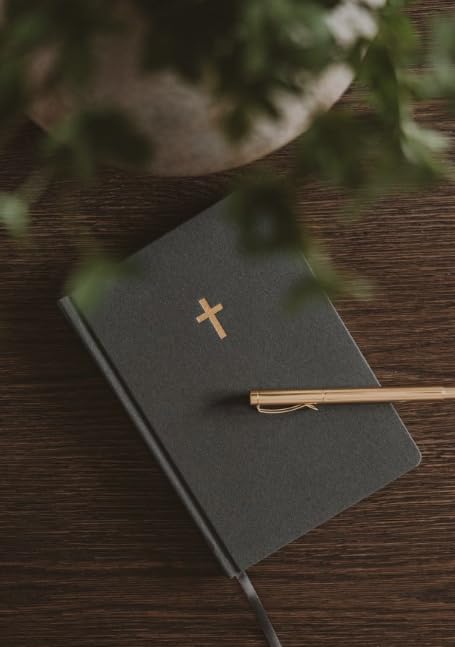 Sweet Water Decor Bible Study Journal with Ribbon Bookmark, Notebook for Church Sermon Notes, 112 Ruled Pages for Writing, Grey Fabric Hardcover with Gold Foil, Christian Gift for Women - style: Bible Study