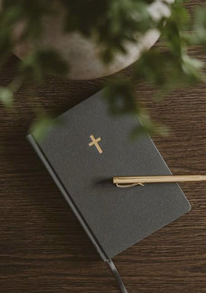 Sweet Water Decor Bible Study Journal with Ribbon Bookmark, Notebook for Church Sermon Notes, 112 Ruled Pages for Writing, Grey Fabric Hardcover with Gold Foil, Christian Gift for Women - style: Bible Study