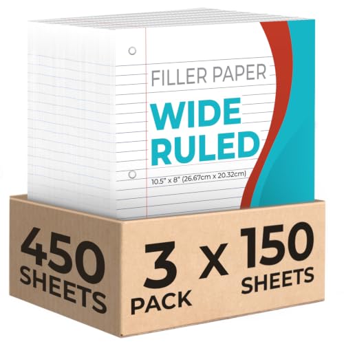 Rosmonde Loose Leaf Paper, 450 Sheets, 3 Pack, Wide Ruled Sheets, 8" x 10.5", Bulk Notebook Paper, 3 Hole Punched, 150 Sheets/Pack, Wide Ruled Paper for Binders, Loose Leaf Office Paper, White - color: Wide Ruled, size: 3 Pack (450 Sheets)