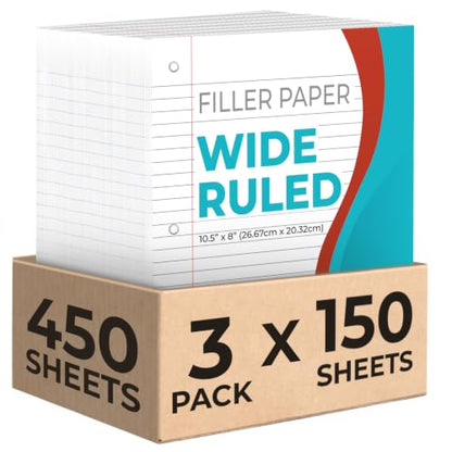 Rosmonde Loose Leaf Paper, 450 Sheets, 3 Pack, Wide Ruled Sheets, 8" x 10.5", Bulk Notebook Paper, 3 Hole Punched, 150 Sheets/Pack, Wide Ruled Paper for Binders, Loose Leaf Office Paper, White - color: Wide Ruled, size: 3 Pack (450 Sheets)