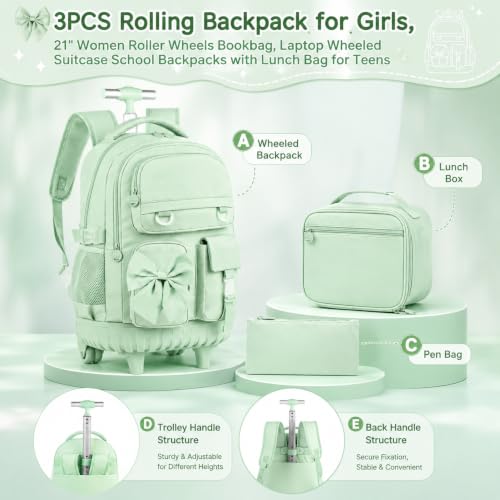 HPJGD 3PCS Girls Rolling School Backpack, Green Bow Tie Wheeled Backpacks, Water-Resistant Roller Bookbag Set - color: Green Bowknot Rolling Backpack Set
