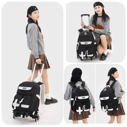 MITOWERMI Rolling Backpack for Girls Boys Backpack with Wheels, Kids Roller Trolley Bags Wheeled School Bookbag Black-6 wheels - color: 6 Wheels-black