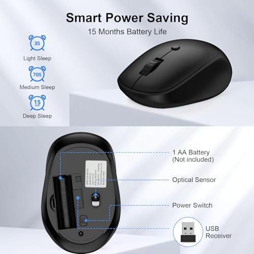 Wireless Mouse,2.4G Quiet Computer Mouse with USB Receiver, 800/1200/1600 DPI,4 Buttons Portable Optical Cordless USB Mice for Chromebook,Laptop,Windows,PC, Mac,iPad,Linux