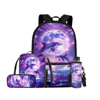 Dolphin Backpack for Girls Kids Backpack with Lunch Box Water Bottle Pouch and Aesthetic Pencil Case 4PCS Set Bookbag with Front Pocket for School Teens 17 inch Large Elementary School Bag - color: Aesthetic Dolphin