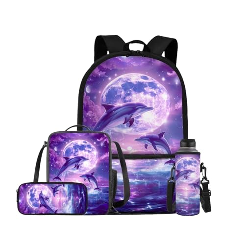 Dolphin Backpack for Girls Kids Backpack with Lunch Box Water Bottle Pouch and Aesthetic Pencil Case 4PCS Set Bookbag with Front Pocket for School Teens 17 inch Large Elementary School Bag - color: Aesthetic Dolphin