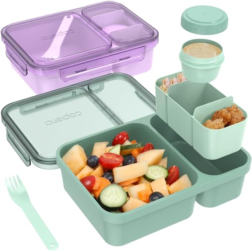 Caperci 2 Pack Salad Containers - Extra-Large 62 oz Bento Lunch Box for Adults, 2-Compartment Meal Prep Container with Removable Toppings Tray, Sauce Cup, Reusable Fork, BPA-Free (Purple & Green) - color: Khaki Green & Purple