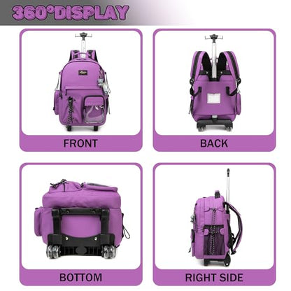 3 in 1 Rolling Backpack for School With Wheels and Lunch Box Set - Purple Carry-On Luggage for Teens, Girls, Boys - color: Purple