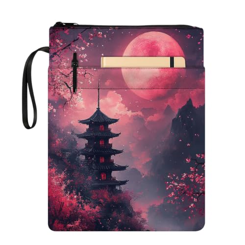 Padded Book Sleeve with Zipper & Front Pocket, Fabric Book Cover | Pagoda Blood Moon11.4"x8.7" Washable Canvas Pouch for Hardcovers, Tablets & Reading Accessories - color: Pagoda Blood Moon